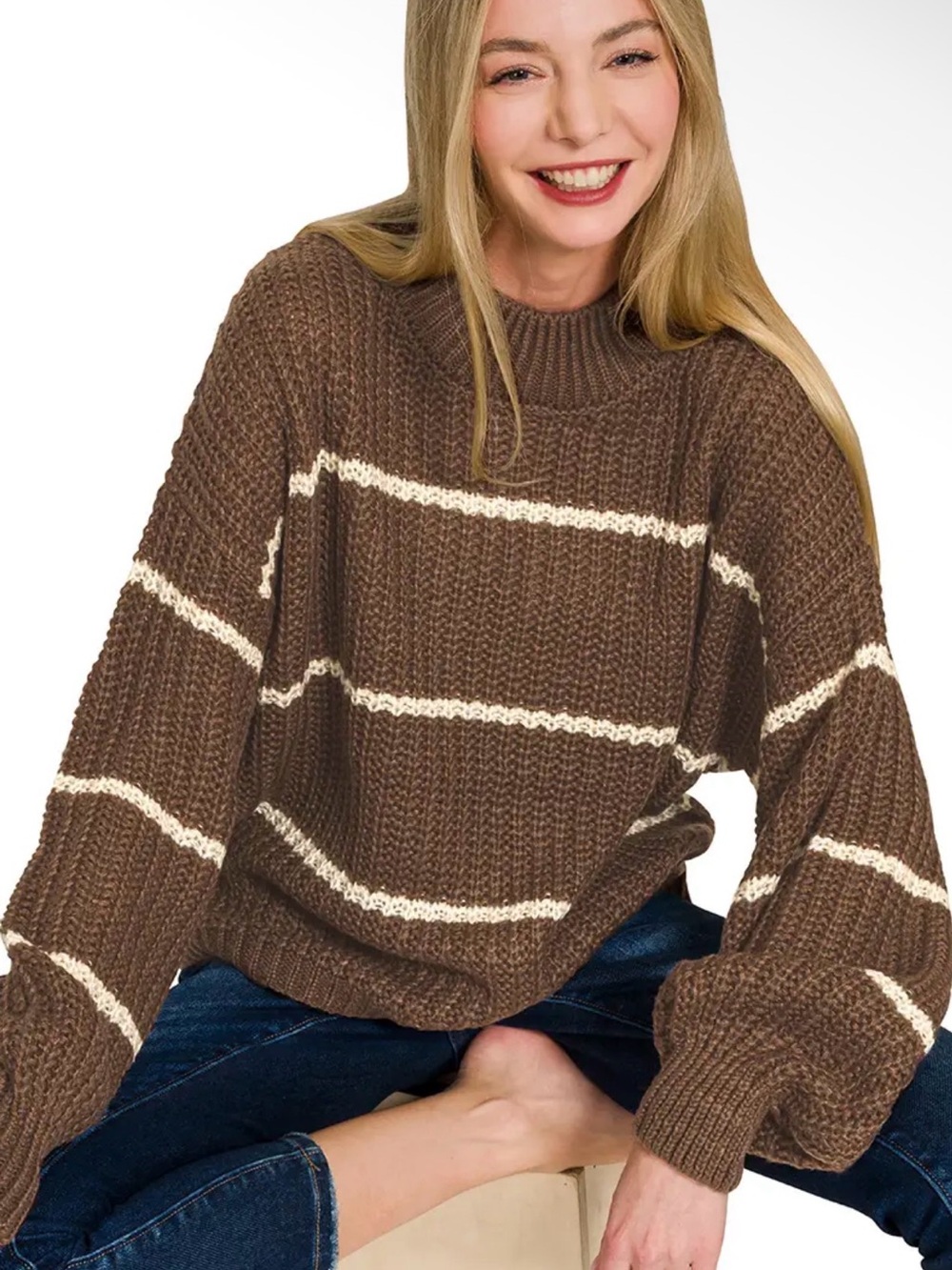 Zenana Outfitters Brown Crewneck Sweater with Cream Stripes